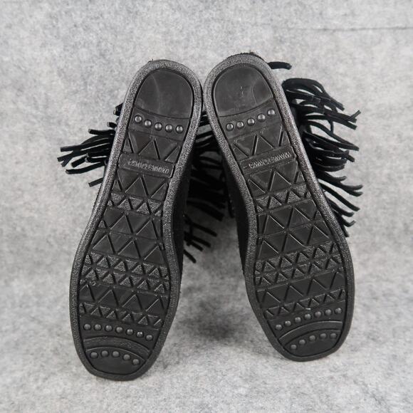 Minnetonka Shoes Womens 7.5 Bootie Moccasin Leather Hi Top Back Zip Fringe Black - Picture 10 of 13